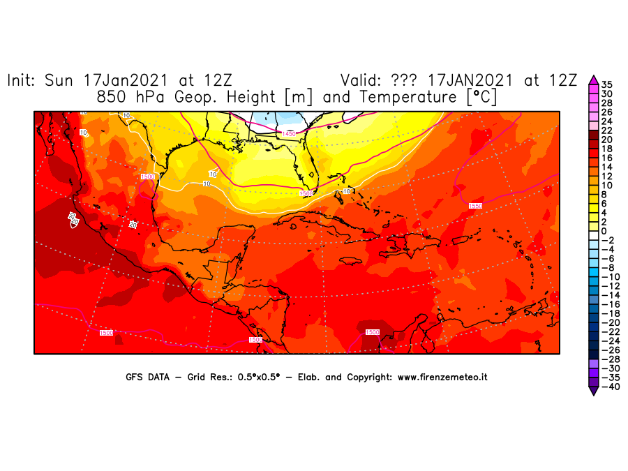 Mappa di analisi GFS - Geopotenziale [m] e Temperatura [°C] a 850 hPa in Centro-America
							del 17/01/2021 12 <!--googleoff: index-->UTC<!--googleon: index-->