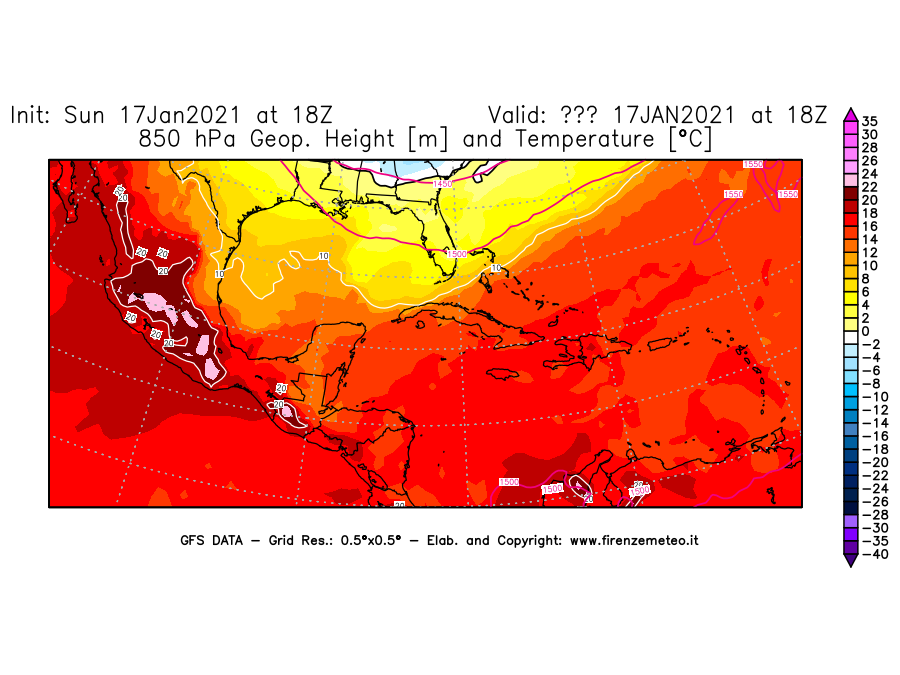 Mappa di analisi GFS - Geopotenziale [m] e Temperatura [°C] a 850 hPa in Centro-America
							del 17/01/2021 18 <!--googleoff: index-->UTC<!--googleon: index-->