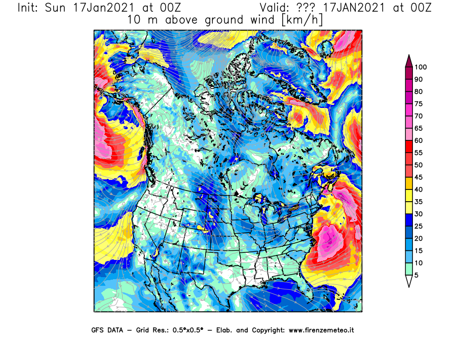 Mappa di analisi GFS - Velocità del vento a 10 metri dal suolo [km/h] in Nord-America
							del 17/01/2021 00 <!--googleoff: index-->UTC<!--googleon: index-->