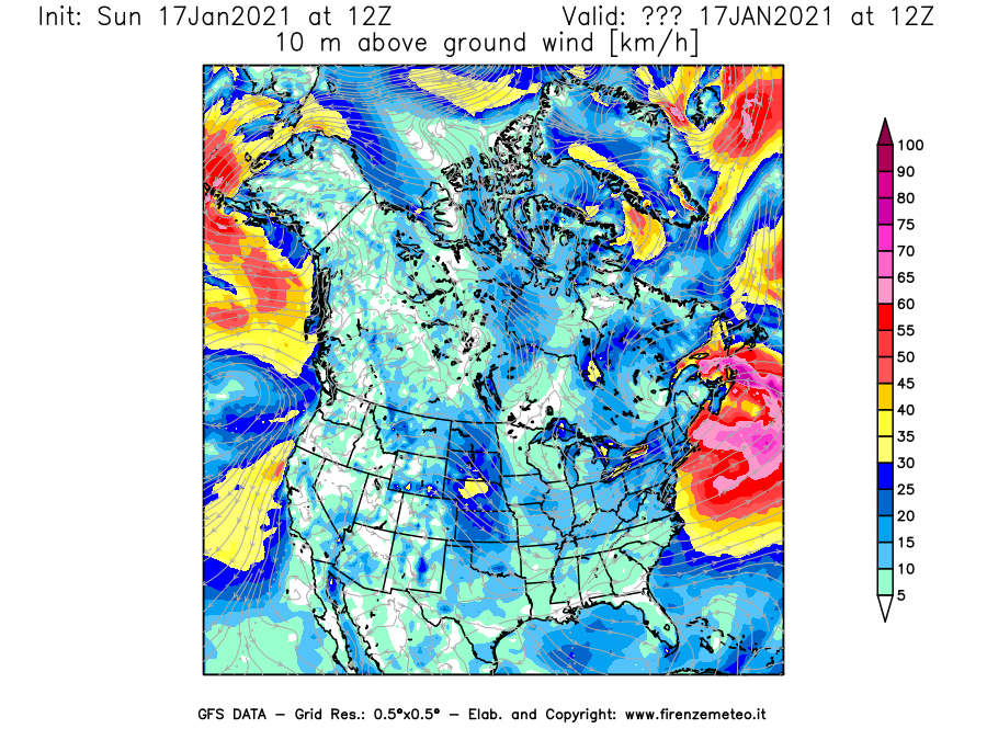 Mappa di analisi GFS - Velocità del vento a 10 metri dal suolo [km/h] in Nord-America
							del 17/01/2021 12 <!--googleoff: index-->UTC<!--googleon: index-->