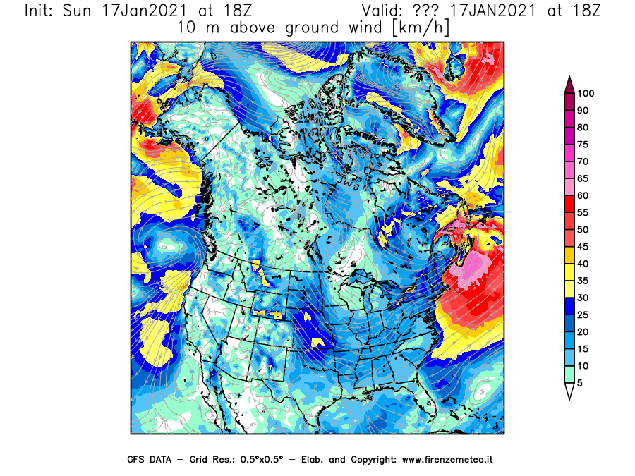 Mappa di analisi GFS - Velocità del vento a 10 metri dal suolo [km/h] in Nord-America
							del 17/01/2021 18 <!--googleoff: index-->UTC<!--googleon: index-->