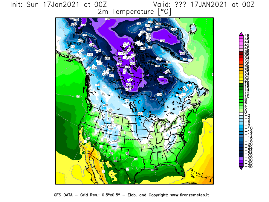 Mappa di analisi GFS - Temperatura a 2 metri dal suolo [°C] in Nord-America
							del 17/01/2021 00 <!--googleoff: index-->UTC<!--googleon: index-->