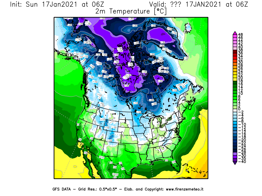 Mappa di analisi GFS - Temperatura a 2 metri dal suolo [°C] in Nord-America
							del 17/01/2021 06 <!--googleoff: index-->UTC<!--googleon: index-->
