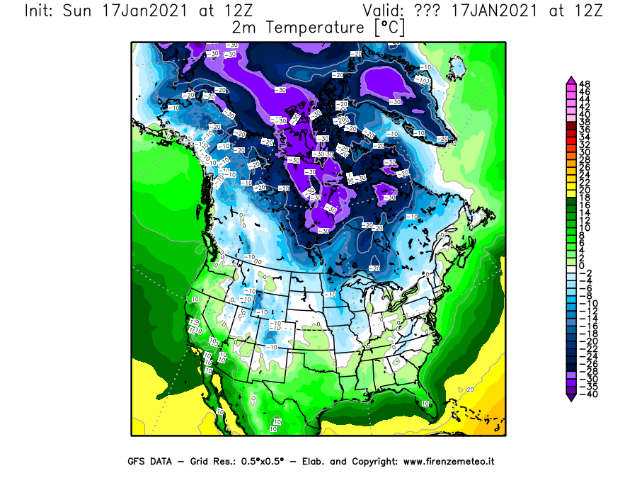 Mappa di analisi GFS - Temperatura a 2 metri dal suolo [°C] in Nord-America
							del 17/01/2021 12 <!--googleoff: index-->UTC<!--googleon: index-->