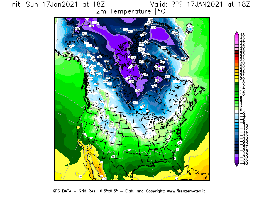 Mappa di analisi GFS - Temperatura a 2 metri dal suolo [°C] in Nord-America
							del 17/01/2021 18 <!--googleoff: index-->UTC<!--googleon: index-->