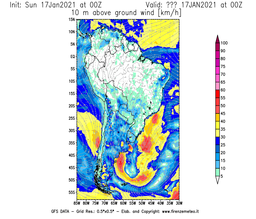 Mappa di analisi GFS - Velocità del vento a 10 metri dal suolo [km/h] in Sud-America
							del 17/01/2021 00 <!--googleoff: index-->UTC<!--googleon: index-->