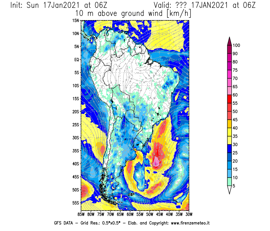 Mappa di analisi GFS - Velocità del vento a 10 metri dal suolo [km/h] in Sud-America
							del 17/01/2021 06 <!--googleoff: index-->UTC<!--googleon: index-->