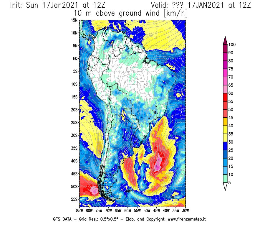 Mappa di analisi GFS - Velocità del vento a 10 metri dal suolo [km/h] in Sud-America
							del 17/01/2021 12 <!--googleoff: index-->UTC<!--googleon: index-->