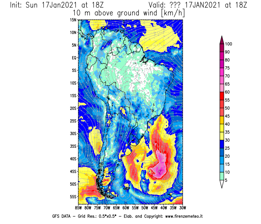 Mappa di analisi GFS - Velocità del vento a 10 metri dal suolo [km/h] in Sud-America
							del 17/01/2021 18 <!--googleoff: index-->UTC<!--googleon: index-->