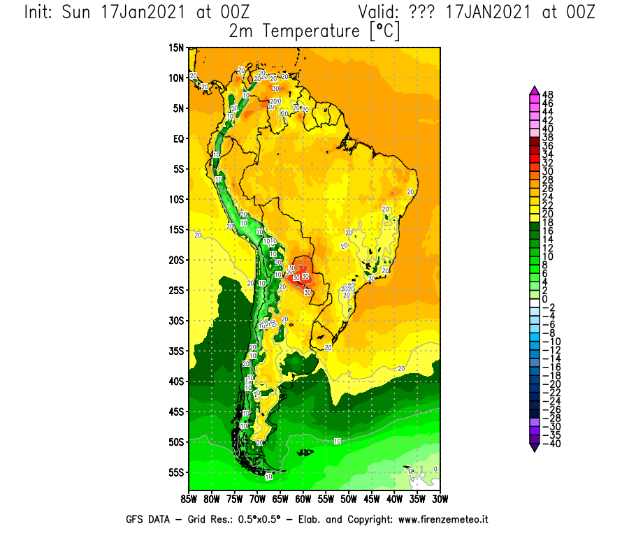 Mappa di analisi GFS - Temperatura a 2 metri dal suolo [°C] in Sud-America
							del 17/01/2021 00 <!--googleoff: index-->UTC<!--googleon: index-->
