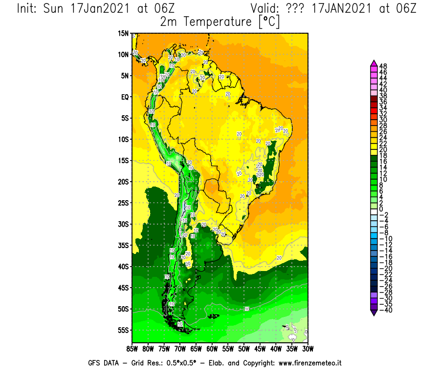 Mappa di analisi GFS - Temperatura a 2 metri dal suolo [°C] in Sud-America
							del 17/01/2021 06 <!--googleoff: index-->UTC<!--googleon: index-->
