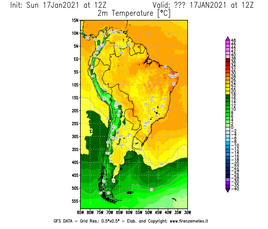 Mappa di analisi GFS - Temperatura a 2 metri dal suolo [°C] in Sud-America
							del 17/01/2021 12 <!--googleoff: index-->UTC<!--googleon: index-->