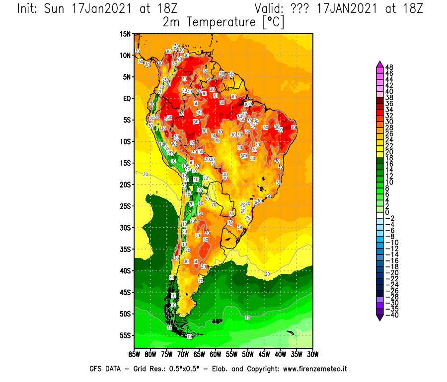 Mappa di analisi GFS - Temperatura a 2 metri dal suolo [°C] in Sud-America
							del 17/01/2021 18 <!--googleoff: index-->UTC<!--googleon: index-->