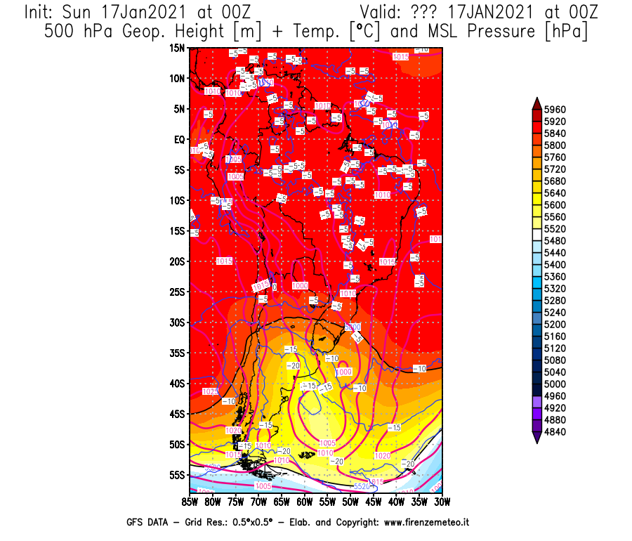 Mappa di analisi GFS - Geopotenziale [m] + Temp. [°C] a 500 hPa + Press. a livello del mare [hPa] in Sud-America
							del 17/01/2021 00 <!--googleoff: index-->UTC<!--googleon: index-->