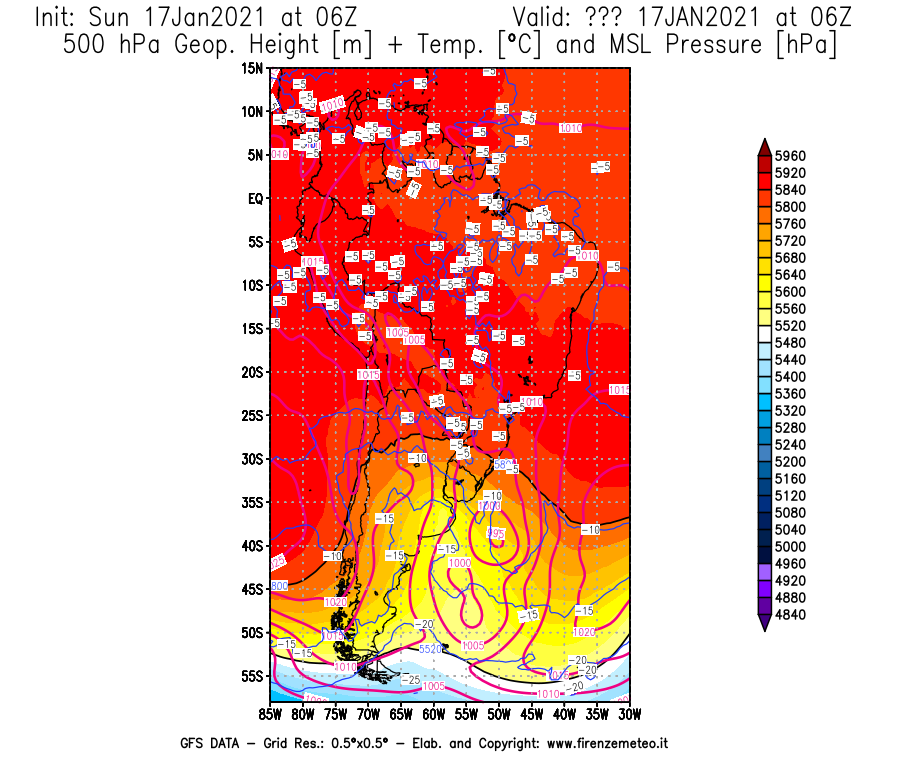 Mappa di analisi GFS - Geopotenziale [m] + Temp. [°C] a 500 hPa + Press. a livello del mare [hPa] in Sud-America
							del 17/01/2021 06 <!--googleoff: index-->UTC<!--googleon: index-->