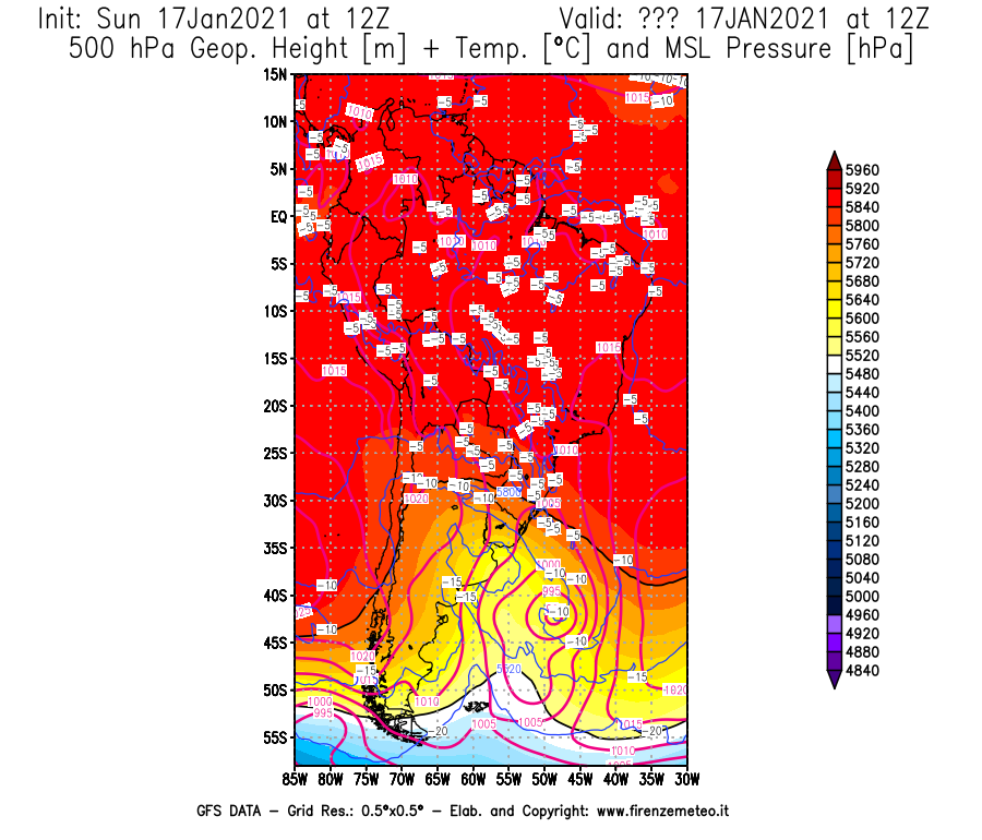 Mappa di analisi GFS - Geopotenziale [m] + Temp. [°C] a 500 hPa + Press. a livello del mare [hPa] in Sud-America
							del 17/01/2021 12 <!--googleoff: index-->UTC<!--googleon: index-->