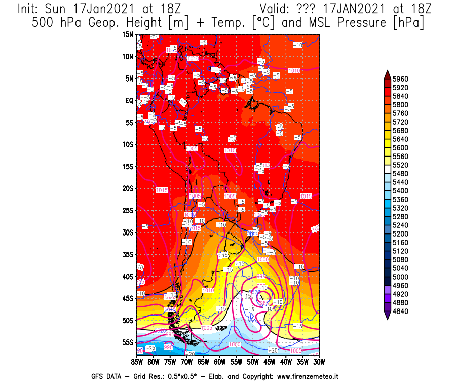 Mappa di analisi GFS - Geopotenziale [m] + Temp. [°C] a 500 hPa + Press. a livello del mare [hPa] in Sud-America
							del 17/01/2021 18 <!--googleoff: index-->UTC<!--googleon: index-->