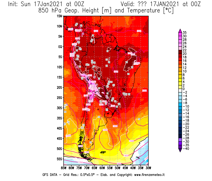 Mappa di analisi GFS - Geopotenziale [m] e Temperatura [°C] a 850 hPa in Sud-America
							del 17/01/2021 00 <!--googleoff: index-->UTC<!--googleon: index-->