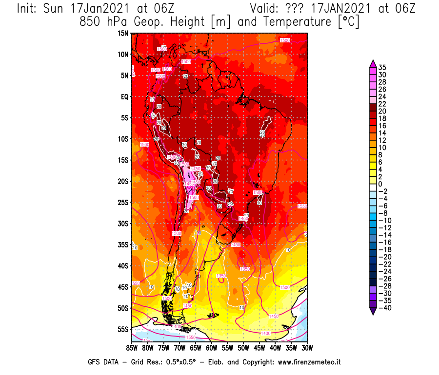 Mappa di analisi GFS - Geopotenziale [m] e Temperatura [°C] a 850 hPa in Sud-America
							del 17/01/2021 06 <!--googleoff: index-->UTC<!--googleon: index-->