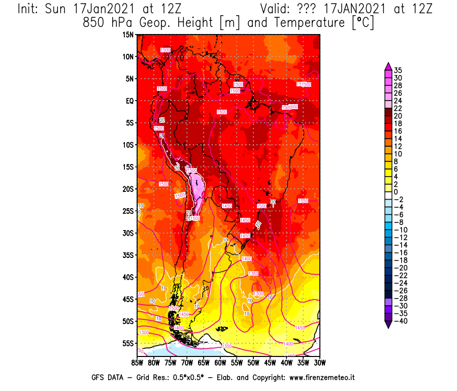 Mappa di analisi GFS - Geopotenziale [m] e Temperatura [°C] a 850 hPa in Sud-America
							del 17/01/2021 12 <!--googleoff: index-->UTC<!--googleon: index-->
