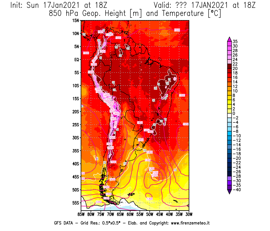 Mappa di analisi GFS - Geopotenziale [m] e Temperatura [°C] a 850 hPa in Sud-America
							del 17/01/2021 18 <!--googleoff: index-->UTC<!--googleon: index-->