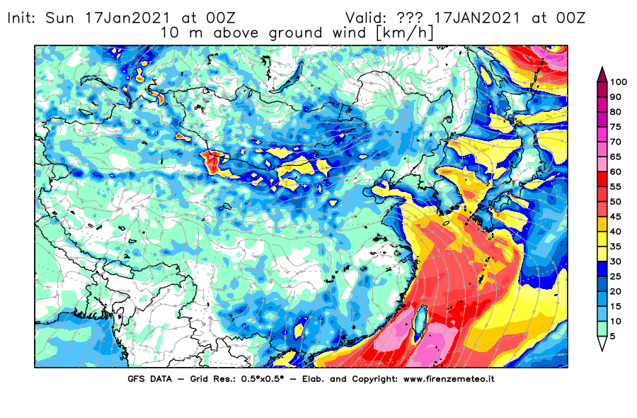 Mappa di analisi GFS - Velocità del vento a 10 metri dal suolo [km/h] in Asia Orientale
							del 17/01/2021 00 <!--googleoff: index-->UTC<!--googleon: index-->