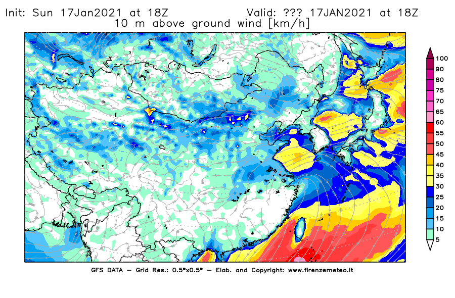 Mappa di analisi GFS - Velocità del vento a 10 metri dal suolo [km/h] in Asia Orientale
							del 17/01/2021 18 <!--googleoff: index-->UTC<!--googleon: index-->