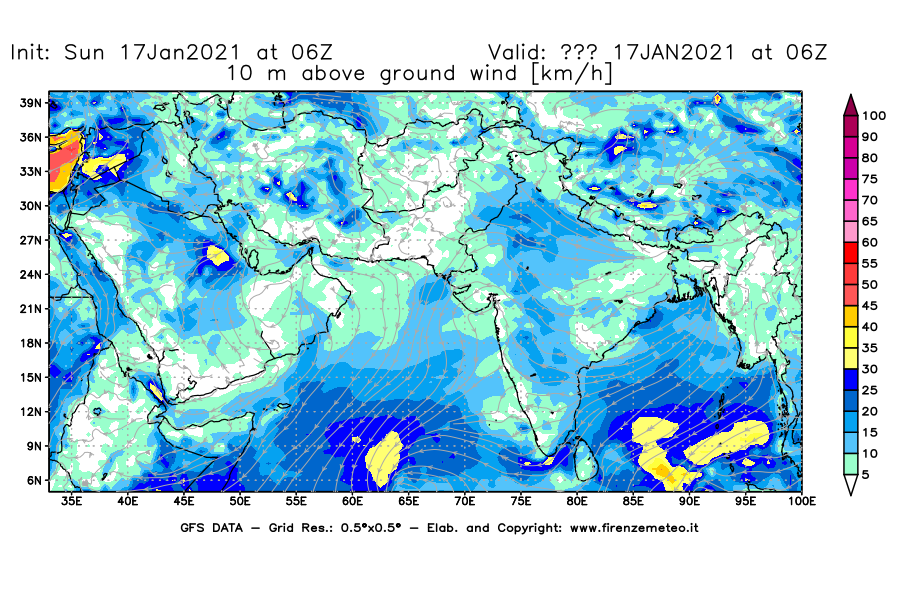 Mappa di analisi GFS - Velocità del vento a 10 metri dal suolo [km/h] in Asia Sud-Occidentale
							del 17/01/2021 06 <!--googleoff: index-->UTC<!--googleon: index-->