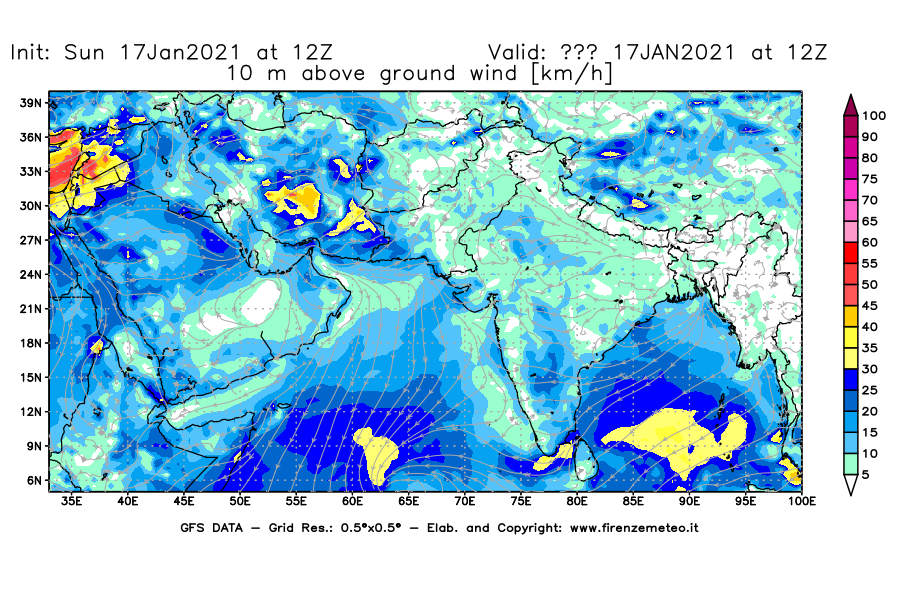 Mappa di analisi GFS - Velocità del vento a 10 metri dal suolo [km/h] in Asia Sud-Occidentale
							del 17/01/2021 12 <!--googleoff: index-->UTC<!--googleon: index-->