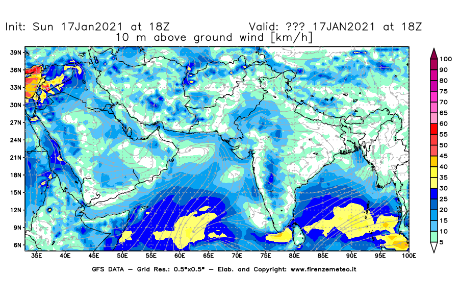 Mappa di analisi GFS - Velocità del vento a 10 metri dal suolo [km/h] in Asia Sud-Occidentale
							del 17/01/2021 18 <!--googleoff: index-->UTC<!--googleon: index-->
