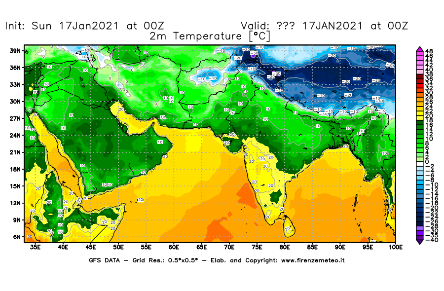 Mappa di analisi GFS - Temperatura a 2 metri dal suolo [°C] in Asia Sud-Occidentale
							del 17/01/2021 00 <!--googleoff: index-->UTC<!--googleon: index-->