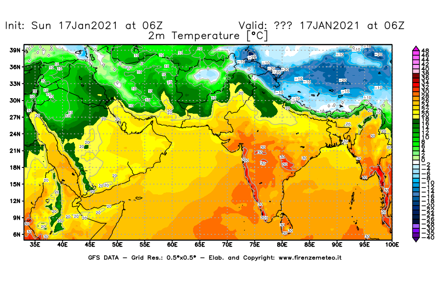 Mappa di analisi GFS - Temperatura a 2 metri dal suolo [°C] in Asia Sud-Occidentale
							del 17/01/2021 06 <!--googleoff: index-->UTC<!--googleon: index-->