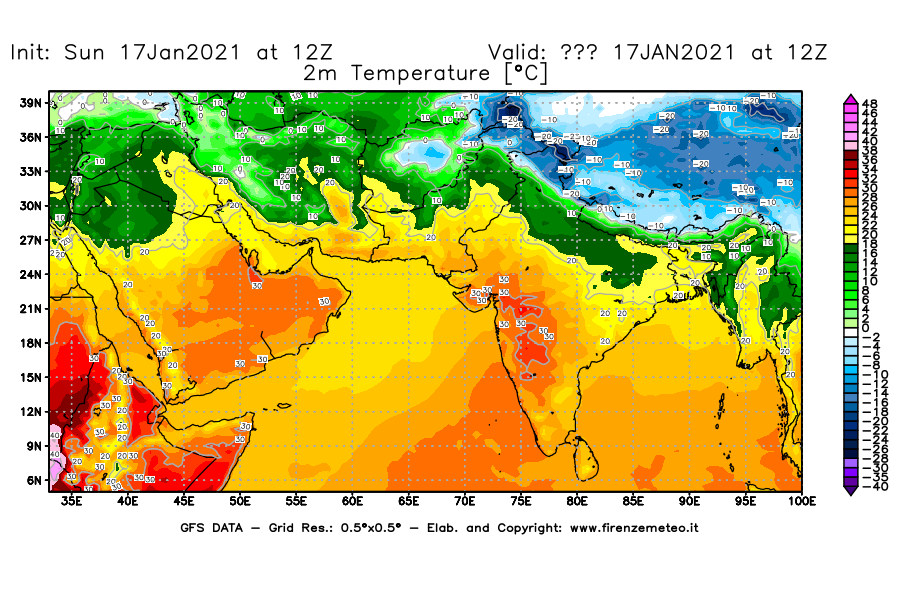 Mappa di analisi GFS - Temperatura a 2 metri dal suolo [°C] in Asia Sud-Occidentale
							del 17/01/2021 12 <!--googleoff: index-->UTC<!--googleon: index-->