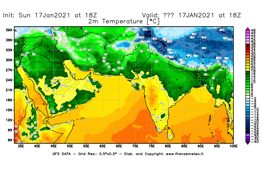 Mappa di analisi GFS - Temperatura a 2 metri dal suolo [°C] in Asia Sud-Occidentale
							del 17/01/2021 18 <!--googleoff: index-->UTC<!--googleon: index-->