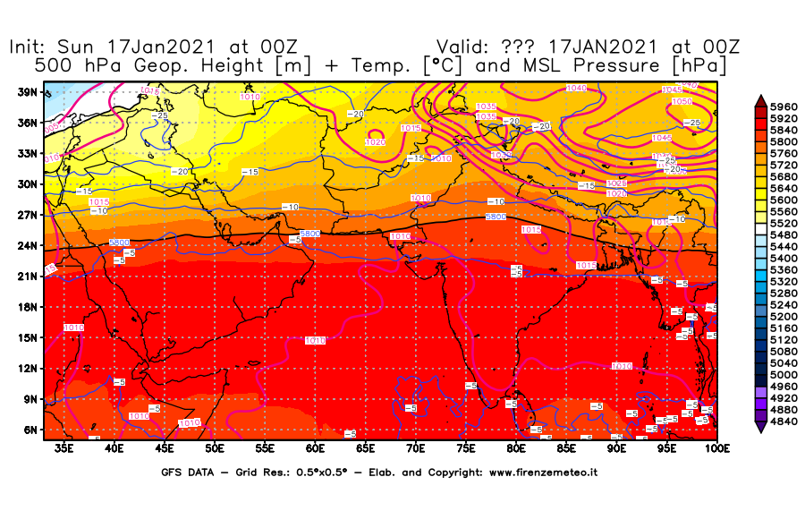 Mappa di analisi GFS - Geopotenziale [m] + Temp. [°C] a 500 hPa + Press. a livello del mare [hPa] in Asia Sud-Occidentale
							del 17/01/2021 00 <!--googleoff: index-->UTC<!--googleon: index-->
