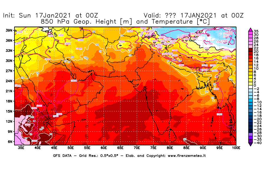 Mappa di analisi GFS - Geopotenziale [m] e Temperatura [°C] a 850 hPa in Asia Sud-Occidentale
							del 17/01/2021 00 <!--googleoff: index-->UTC<!--googleon: index-->