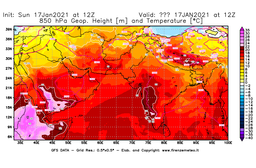 Mappa di analisi GFS - Geopotenziale [m] e Temperatura [°C] a 850 hPa in Asia Sud-Occidentale
							del 17/01/2021 12 <!--googleoff: index-->UTC<!--googleon: index-->