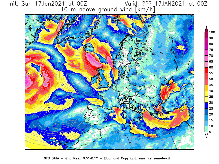 Mappa di analisi GFS - Velocità del vento a 10 metri dal suolo [km/h] in Europa
							del 17/01/2021 00 <!--googleoff: index-->UTC<!--googleon: index-->