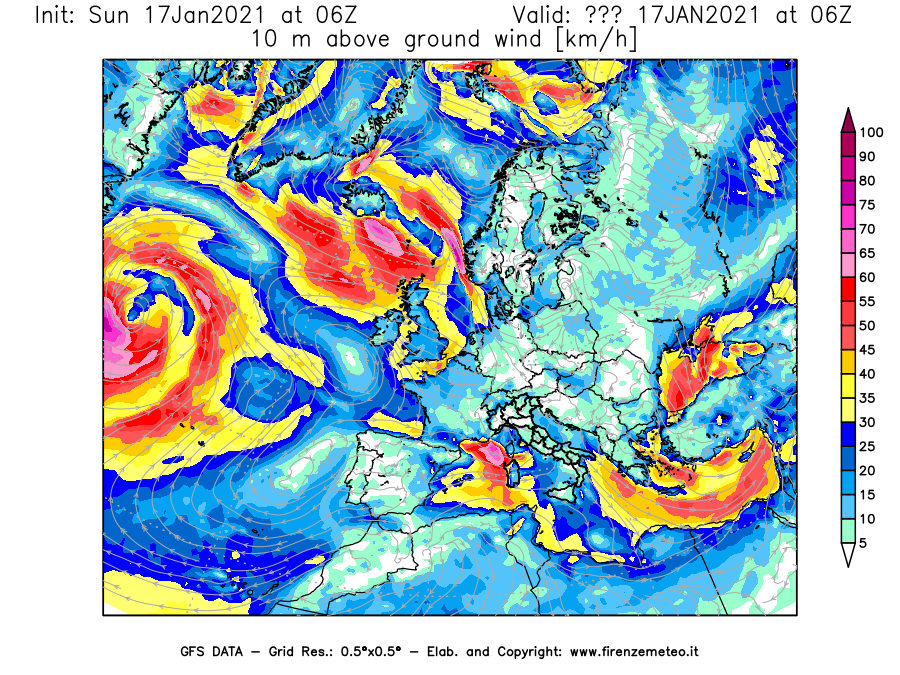 Mappa di analisi GFS - Velocità del vento a 10 metri dal suolo [km/h] in Europa
							del 17/01/2021 06 <!--googleoff: index-->UTC<!--googleon: index-->