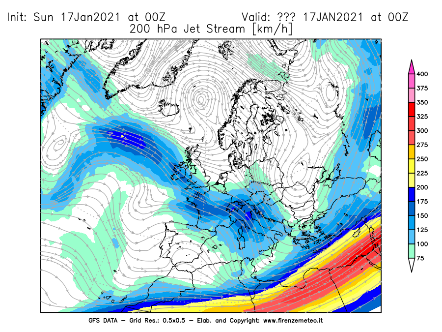 Mappa di analisi GFS - Jet Stream a 200 hPa in Europa
							del 17/01/2021 00 <!--googleoff: index-->UTC<!--googleon: index-->