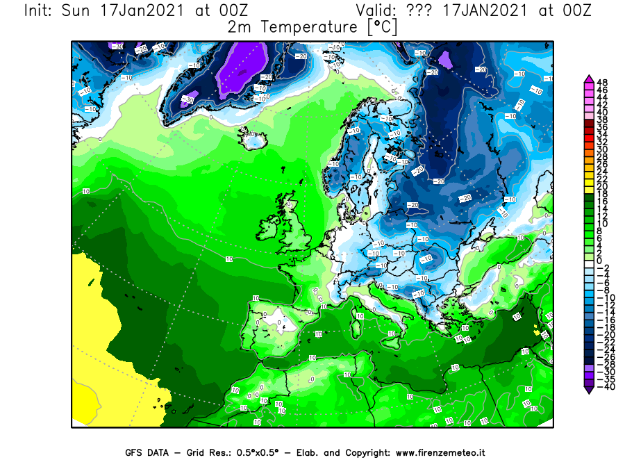 Mappa di analisi GFS - Temperatura a 2 metri dal suolo [°C] in Europa
							del 17/01/2021 00 <!--googleoff: index-->UTC<!--googleon: index-->