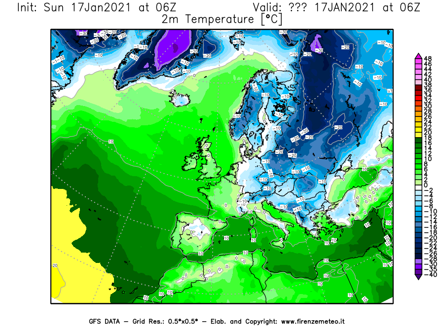 Mappa di analisi GFS - Temperatura a 2 metri dal suolo [°C] in Europa
							del 17/01/2021 06 <!--googleoff: index-->UTC<!--googleon: index-->
