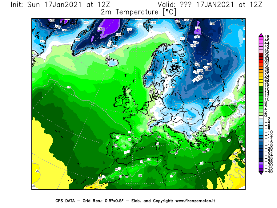 Mappa di analisi GFS - Temperatura a 2 metri dal suolo [°C] in Europa
							del 17/01/2021 12 <!--googleoff: index-->UTC<!--googleon: index-->