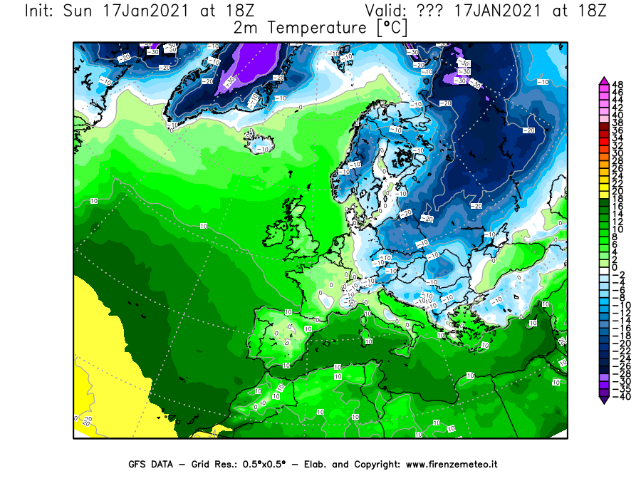 Mappa di analisi GFS - Temperatura a 2 metri dal suolo [°C] in Europa
							del 17/01/2021 18 <!--googleoff: index-->UTC<!--googleon: index-->
