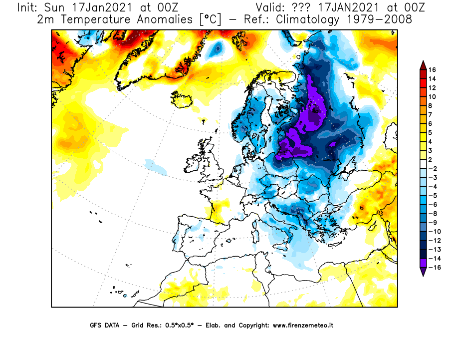 Mappa di analisi GFS - Anomalia Temperatura [°C] a 2 m in Europa
							del 17/01/2021 00 <!--googleoff: index-->UTC<!--googleon: index-->