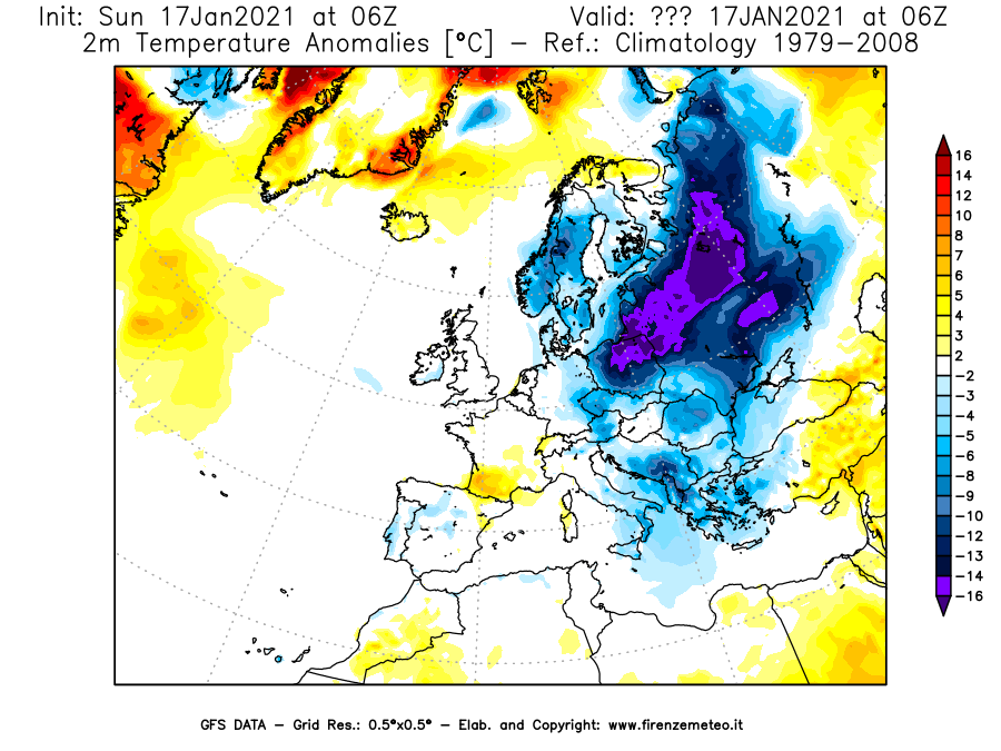 Mappa di analisi GFS - Anomalia Temperatura [°C] a 2 m in Europa
							del 17/01/2021 06 <!--googleoff: index-->UTC<!--googleon: index-->