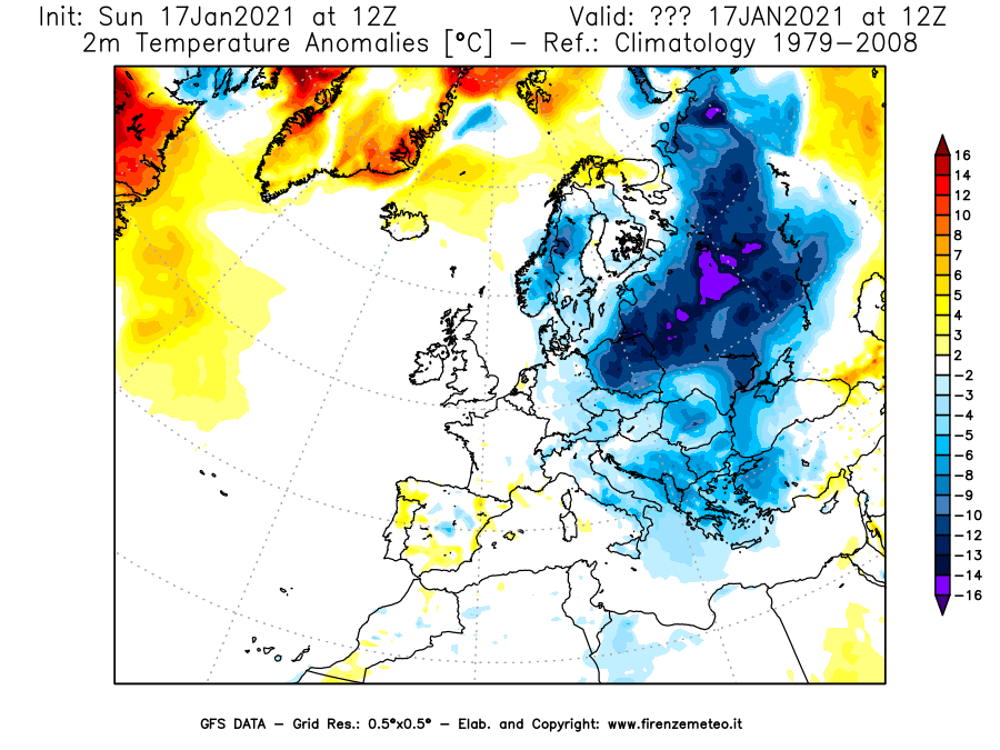 Mappa di analisi GFS - Anomalia Temperatura [°C] a 2 m in Europa
							del 17/01/2021 12 <!--googleoff: index-->UTC<!--googleon: index-->