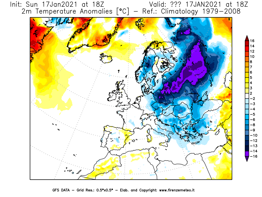Mappa di analisi GFS - Anomalia Temperatura [°C] a 2 m in Europa
							del 17/01/2021 18 <!--googleoff: index-->UTC<!--googleon: index-->