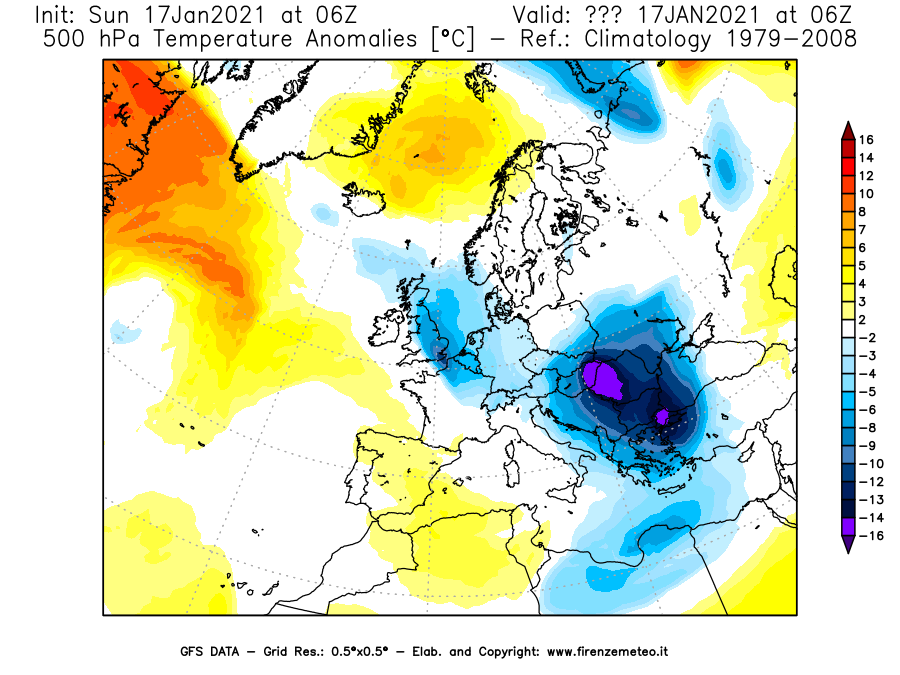 Mappa di analisi GFS - Anomalia Temperatura [°C] a 500 hPa in Europa
							del 17/01/2021 06 <!--googleoff: index-->UTC<!--googleon: index-->