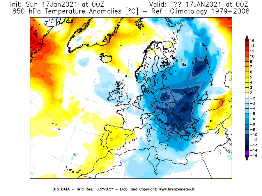 Mappa di analisi GFS - Anomalia Temperatura [°C] a 850 hPa in Europa
							del 17/01/2021 00 <!--googleoff: index-->UTC<!--googleon: index-->